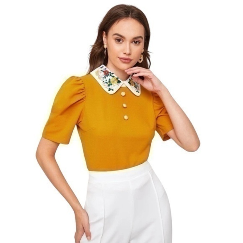 SHEIN Mulvari Contrast Floral Embroidered Collar Puff Sleeve Top 💕